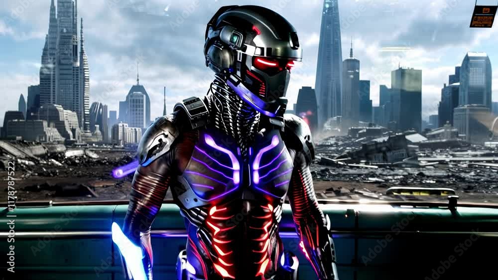 Cybernetic fighting astronaut in a spacesuit. The body half consisting of metal elements is intertwined with neon. Cybernetic fighting astronaut in a spacesuit. The body half consisting of metal elements is intertwined with neon.