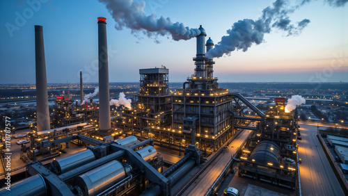 煙突、産業機械、光り輝く炉、製鉄所の風景の空撮、Aerial view of a steel mill landscape with chimneys, industrial machinery, and glowing furnaces under a clear blue sky、