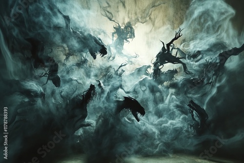 Eerie dark creatures materialize from swirling mist, creating a haunting and surreal fantasy scene. photo