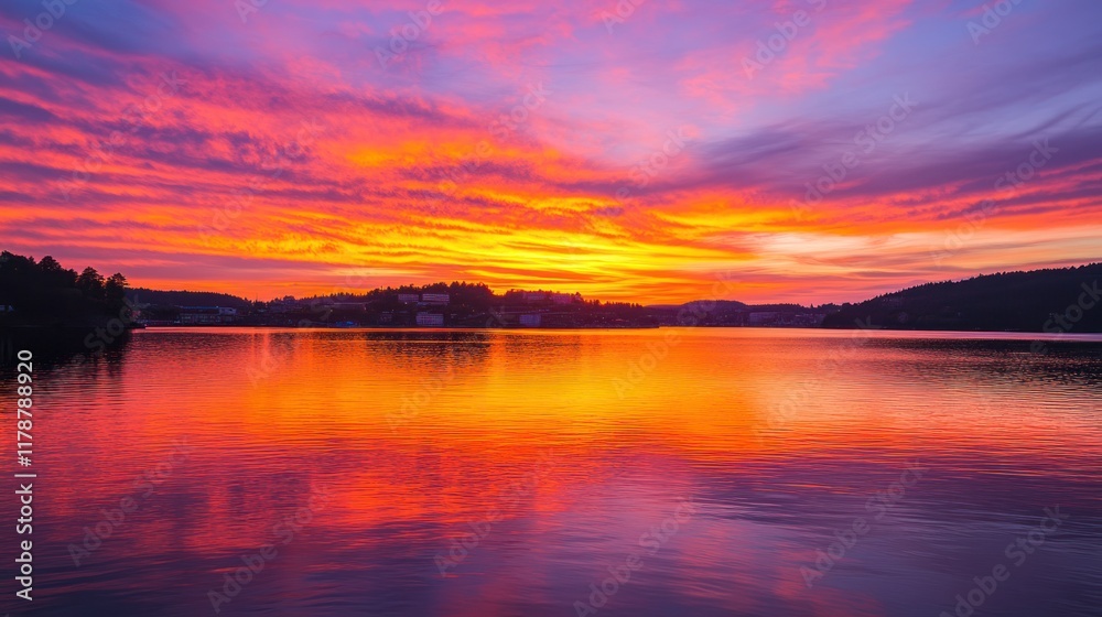 A vibrant sunset reflecting on a calm lake, creating a serene and picturesque landscape. A vibrant sunset reflecting on a calm lake, creating a serene and picturesque landscape.