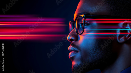 Vivid image showcasing a black afro American man's face in side profile with glasses, highlighted by colorful light streaks, creating a dynamic and modern aesthetic.