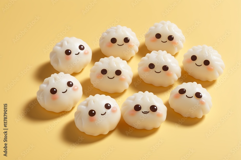 a close up of a group of small white cakes with faces