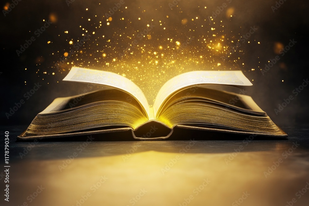 open book with golden light emanating from its pages placed on matte surface with soft reflections open book with golden light emanating from its pages placed on matte surface with soft reflections