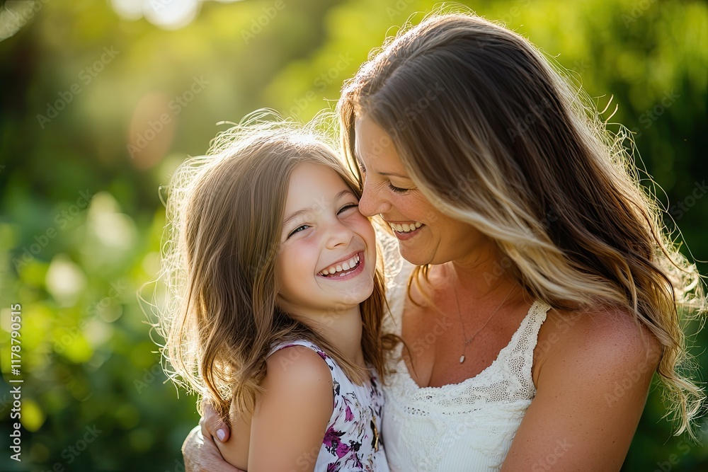 portrait of mother and daughter laughing together in garden setting with soft sunlight portrait of mother and daughter laughing together in garden setting with soft sunlight