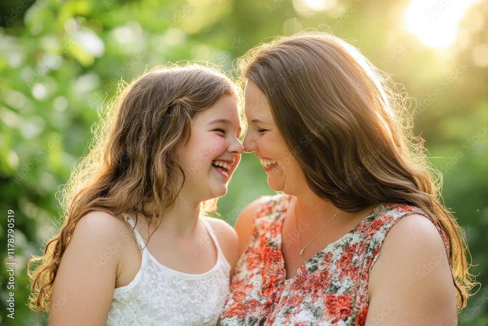 portrait of mother and daughter laughing together in garden setting with soft sunlight portrait of mother and daughter laughing together in garden setting with soft sunlight