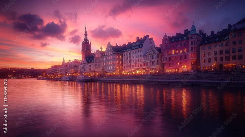 Vibrant sunset over a waterfront city with colorful buildings and calm water reflecting the sky. Vibrant sunset over a waterfront city with colorful buildings and calm water reflecting the sky.