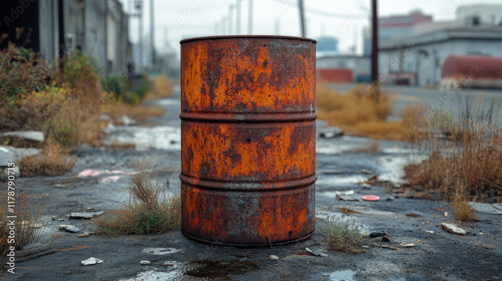 A rust-covered metal barrel in a deserted industrial lot A rust-covered metal barrel in a deserted industrial lot