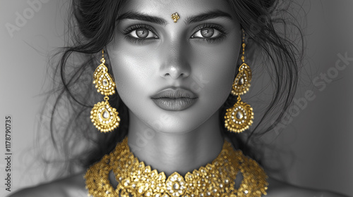 A stunning black-and-white portrait of an Indian woman with serene, wise eyes, adorned in intricate gold jewelry including earrings, a necklace, and bangles