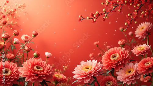 Vibrant Floral Arrangement, Red and Pink Flowers, Festive Background. Concept of Spring, Celebration, and Beauty.