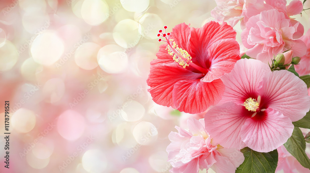 Fototapeta premium Intense red hibiscus and soft pink camellias create dreamy floral scene