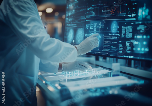 A researcher wearing protective gloves interacts with a futuristic holographic interface displaying medical data in a clinical laboratory setting.
