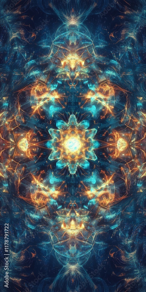 A colorful abstract painting with a blue background and orange and yellow flowers. The flowers are in the center of the painting and are surrounded by a blue and orange swirl A colorful abstract painting with a blue background and orange and yellow flowers. The flowers are in the center of the painting and are surrounded by a blue and orange swirl
