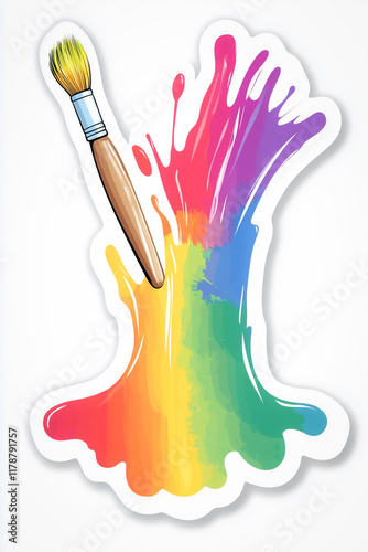 A sticker design of a paintbrush creating a flowing rainbow-colored paint effect, representing artistic energy and freedom with a dynamic and glossy finish.