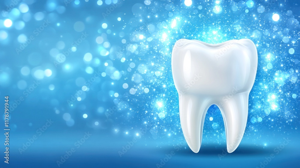 A glossy white tooth against a sparkling blue background, symbolizing dental health. A glossy white tooth against a sparkling blue background, symbolizing dental health.