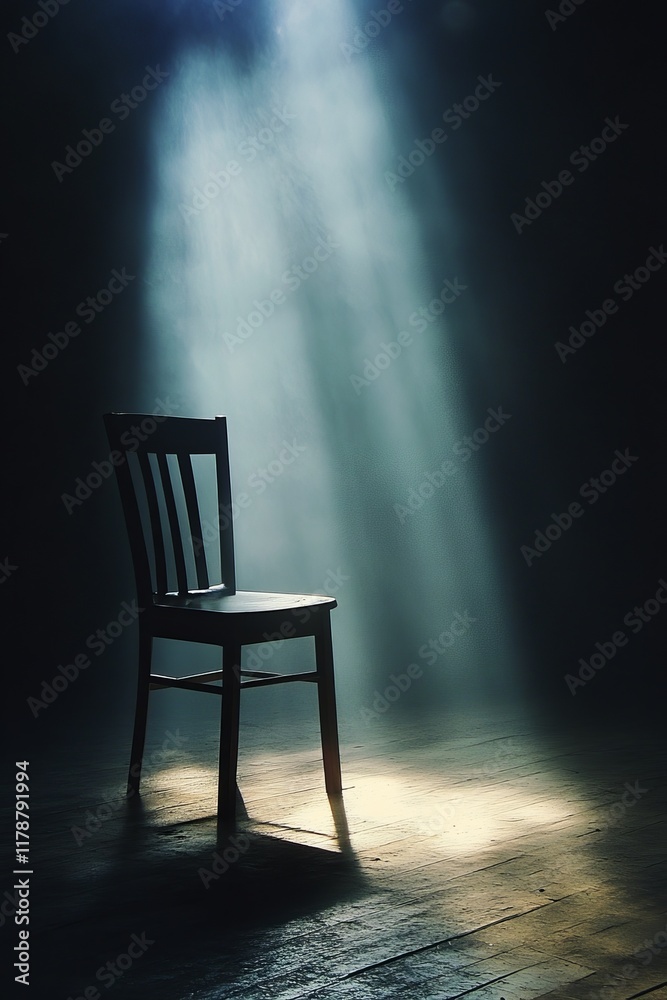 A solitary wooden chair illuminated by a beam of light in a dark, empty room, creating a mysterious and dramatic atmosphere. A solitary wooden chair illuminated by a beam of light in a dark, empty room, creating a mysterious and dramatic atmosphere.
