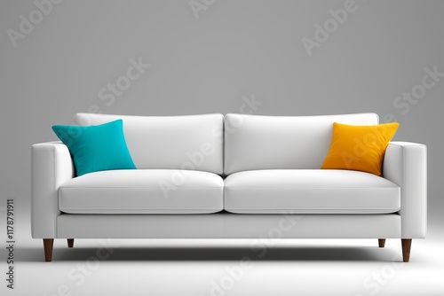 a close up of a white couch with two colorful pillows photo