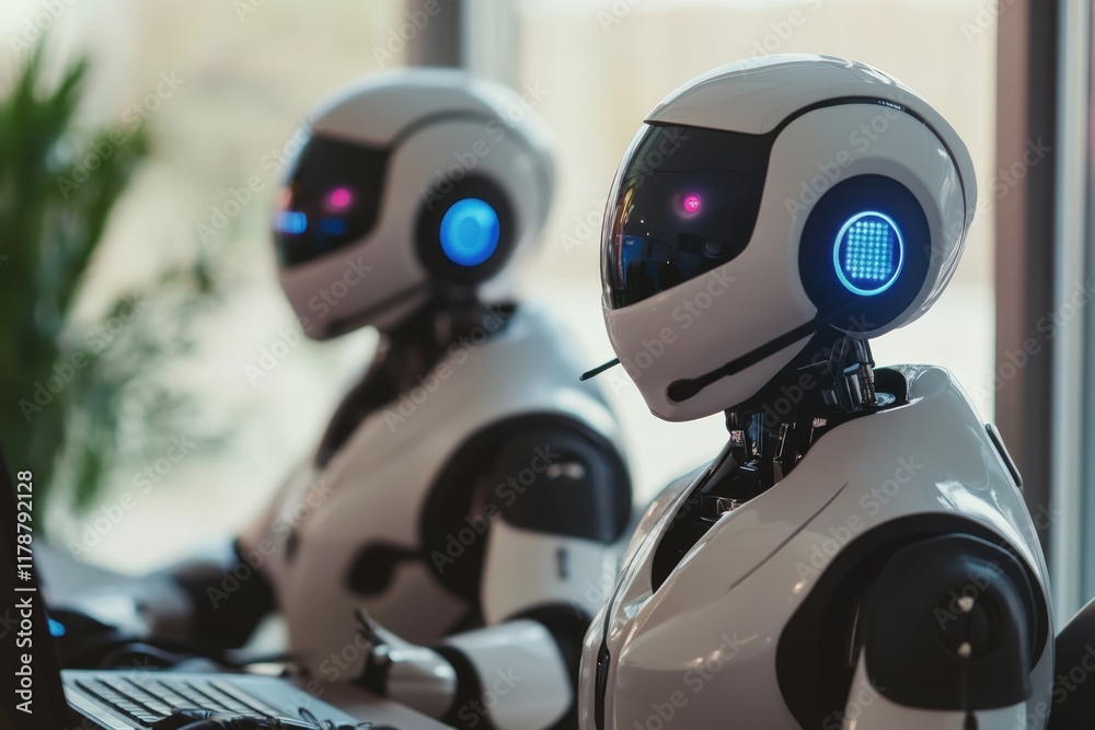 Advanced humanoid robots engaged in computer work in a modern office setting Advanced humanoid robots engaged in computer work in a modern office setting