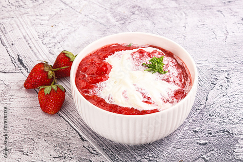 Strawberry soup with strachatella cheese photo