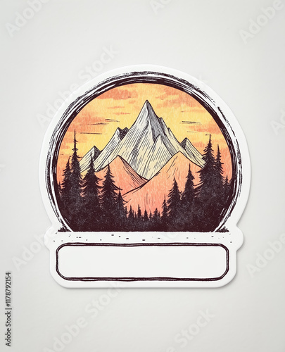 A scenic travel-themed sticker showcasing a breathtaking mountain landscape with tall pine trees, a glowing orange sky, and a classic outdoor adventure feel. photo