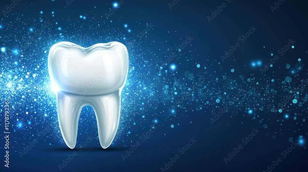 Glowing healthy tooth on dark blue background with sparkle effect. Glowing healthy tooth on dark blue background with sparkle effect.