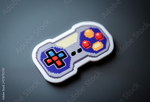 A high-resolution pixel-art game controller sticker featuring nostalgic 16-bit gaming elements, blending modern digital aesthetics with classic console vibes. photo