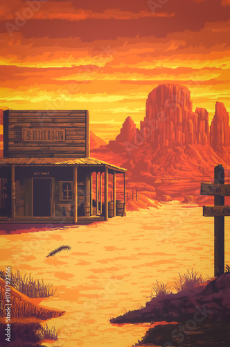A stylized pixel-art Western desert scene with a fading sunset and towering rock formations. The nostalgic video-game aesthetic captures a timeless frontier landscape.