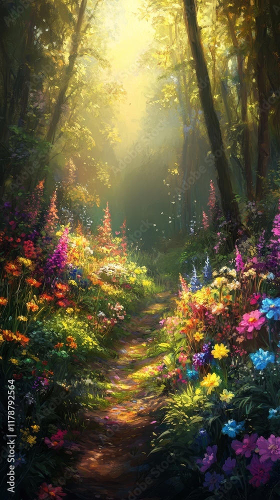 Obraz premium A magical forest path illuminated by sunlight, surrounded by colorful wildflowers and dense greenery, creating a tranquil atmosphere.