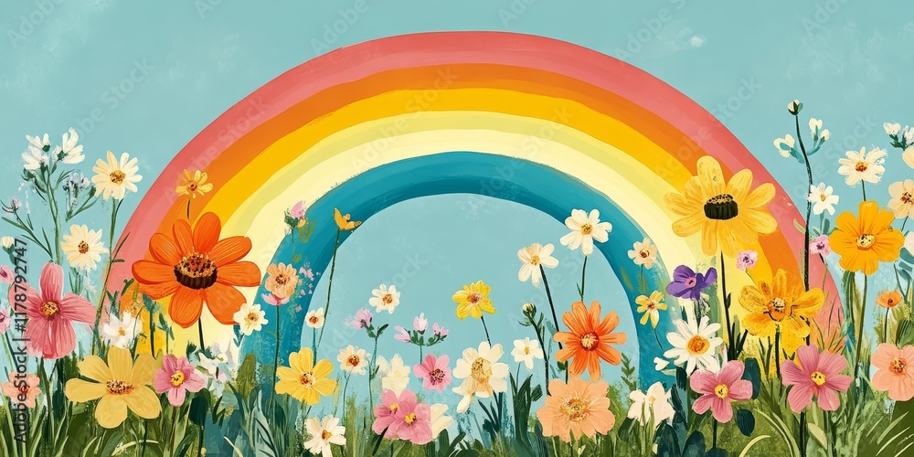 Fototapeta premium A vivid rainbow stretches over a field of diverse wildflowers, creating a cheerful and tranquil spring scene.