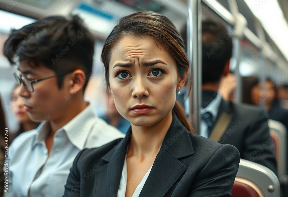 Frustrated female commuter on a crowded bus Frustrated female commuter on a crowded bus