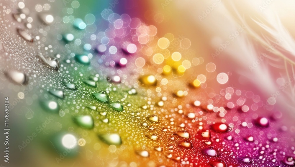 Colorful rainbow feather with water droplets scattered across the surface against light bokeh background Colorful rainbow feather with water droplets scattered across the surface against light bokeh background