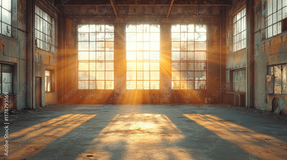 The interior of an abandoned warehouse with sunlight streaming through cracked walls The interior of an abandoned warehouse with sunlight streaming through cracked walls