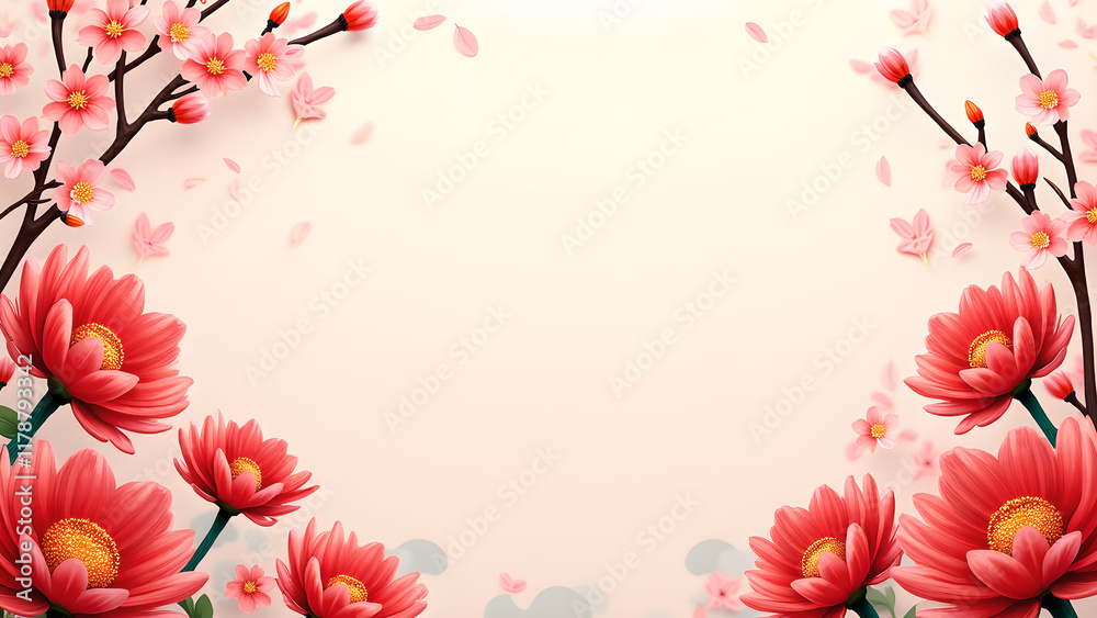 Fototapeta premium Floral Background with Cherry Blossoms and Red Flowers. Spring, Nature, and Asian Inspired Design.