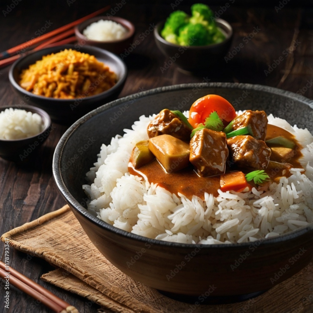 Bowl of rice and curry with vegetables on a table. Bowl of rice and curry with vegetables on a table.