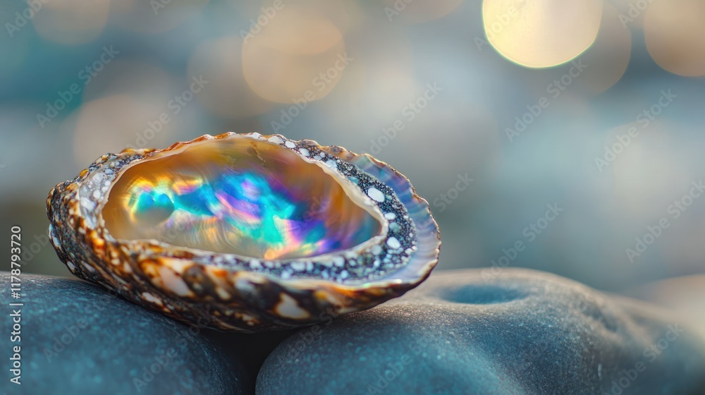 A colorful, iridescent abalone shell resting on smooth stones with a blurred background. A colorful, iridescent abalone shell resting on smooth stones with a blurred background.