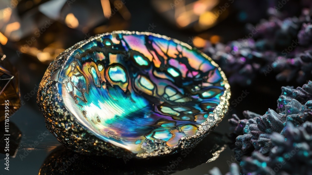 Iridescent abalone shell with crystals on dark background. Iridescent abalone shell with crystals on dark background.