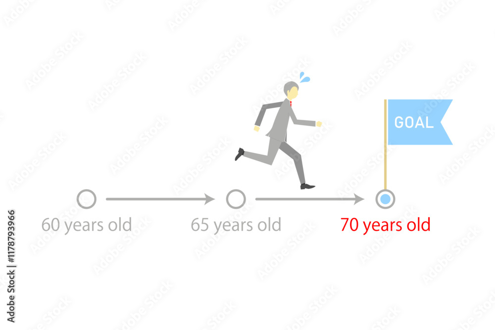定年延長イメージ―70歳のゴールまで走り続けるビジネスマンのイラスト 定年延長イメージ―70歳のゴールまで走り続けるビジネスマンのイラスト