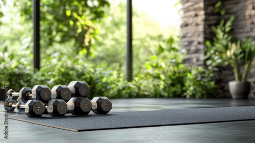 Dumbbells on mat, in a lush, green gym with large windows.