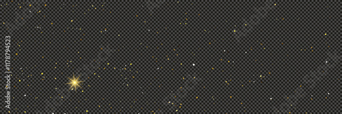 Gold glittering dust with stars on transparent backdrop