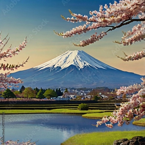 Snow-capped mountain with cherry blossoms and serene water scene.  photo