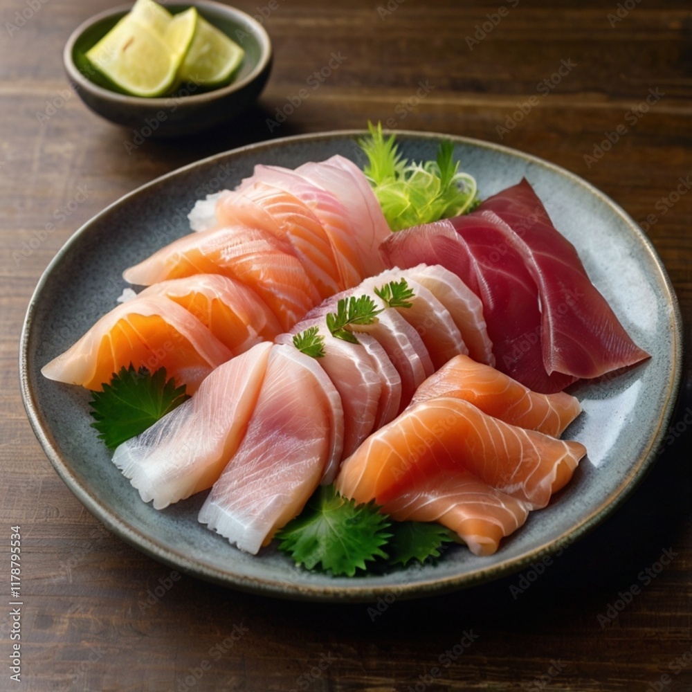 Plate of assorted fresh sashimi on wooden table. Plate of assorted fresh sashimi on wooden table.