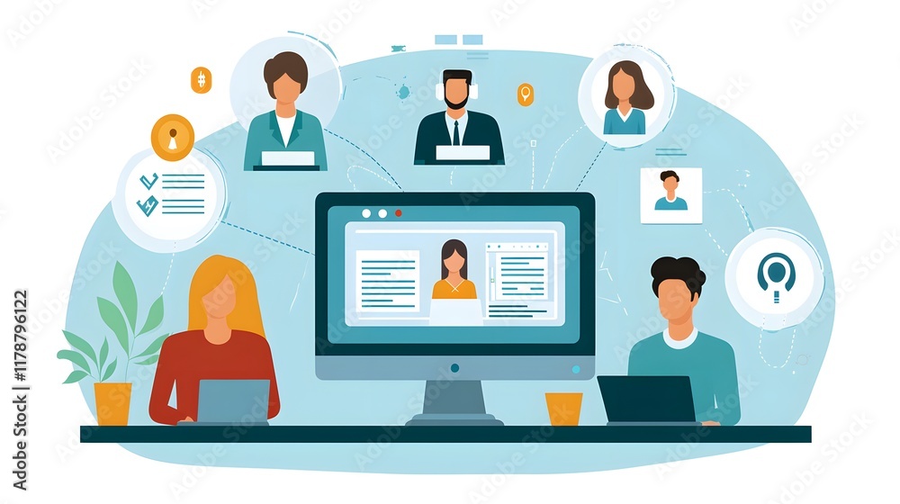 Remote team collaboration. People work together online using laptops and video conferencing. Efficient communication and project management are depicted. Remote team collaboration. People work together online using laptops and video conferencing. Efficient communication and project management are depicted.