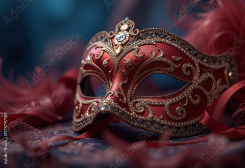 Intricate red and gold masquerade mask with feathers.