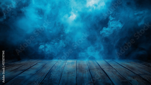 Mystical wooden stage engulfed in swirling blue smoke for theatrical backdrops and dramatic scene design. Copy space