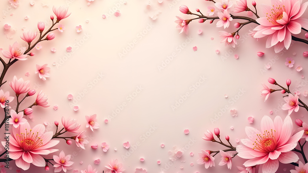 Fototapeta premium Sakura Cherry Blossom Frame. Spring Floral Background. Concept of beauty, nature, and spring.