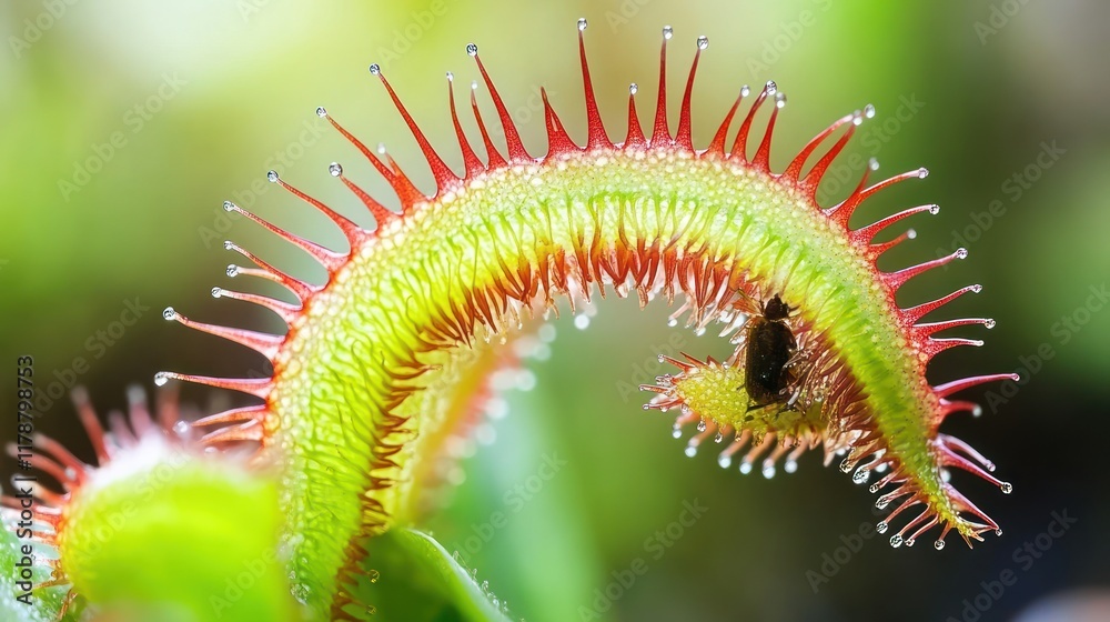 A close-up of a vibrant carnivorous plant capturing an insect. A close-up of a vibrant carnivorous plant capturing an insect.