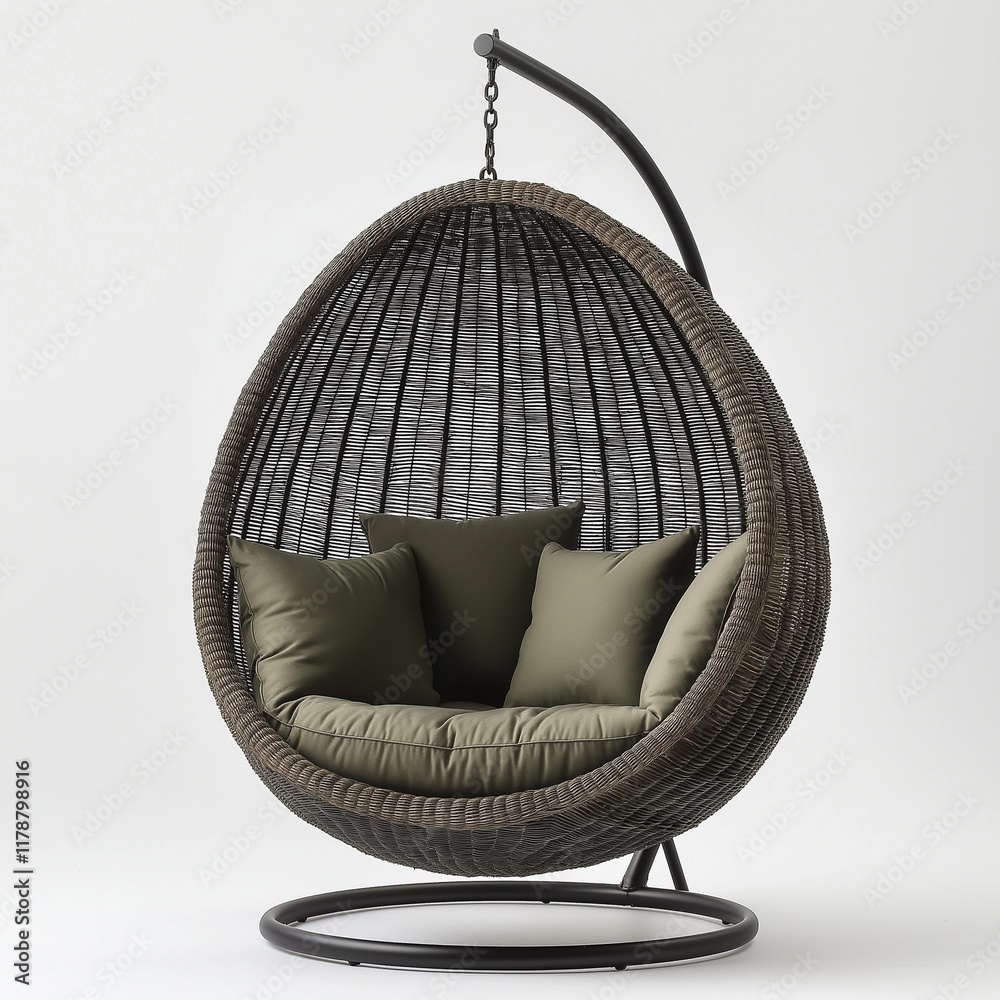 Fototapeta premium A freestanding outdoor hanging egg chair with a powder-coated black steel frame and a woven rattan cocoon in a dark chestnut tone. The chair features plush, water-resistant cushion