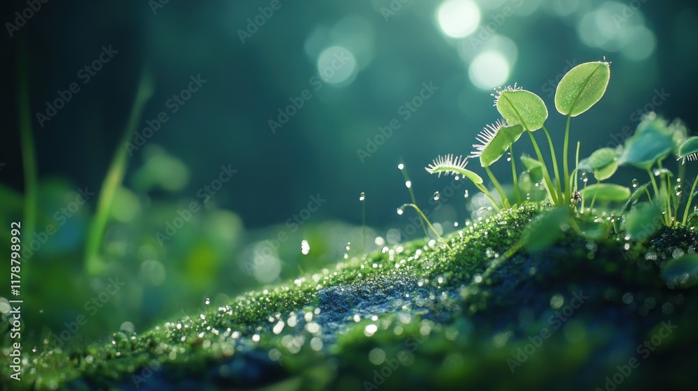 Dew-covered Venus flytrap plants sprouting from mossy rock in soft sunlight. Dew-covered Venus flytrap plants sprouting from mossy rock in soft sunlight.