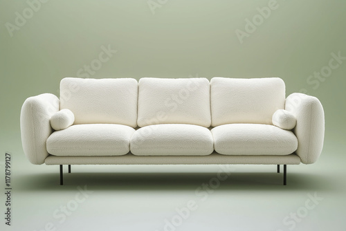  A modern three-seater sofa featuring clean, minimalist lines and a low-profile design. The sofa is upholstered in a soft textured boucle fabric in light cream, with slim matte b photo