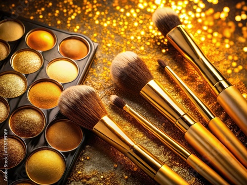 Indulge in luxury: Gold makeup brushes and a stunning eyeshadow palette, perfectly captured in long-exposure photography. photo