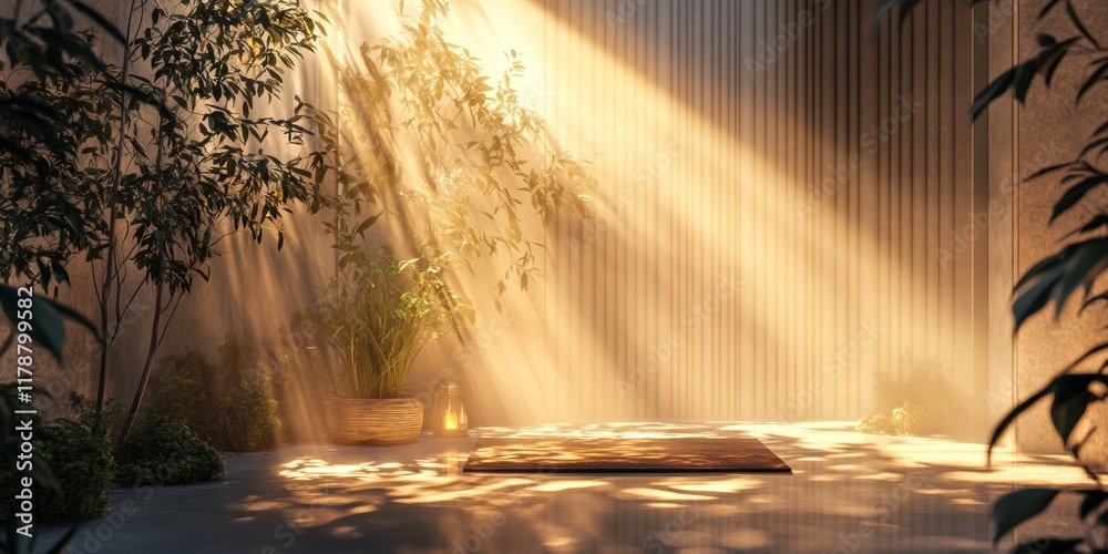Experience a calming indoor scene with gentle light streaming through creating a peaceful ambiance filled with soft shadows and natural greenery.